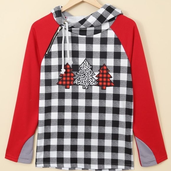 Christmas Tree Plaid Pattern Asymmetric Zip Hoodie light weight - Picture 3 of 12